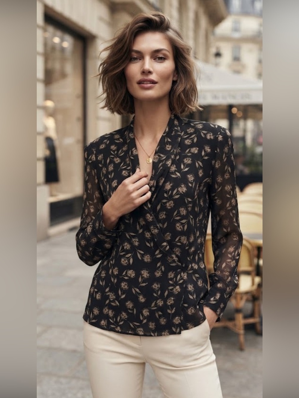 Vintage Dana Buchman 100% Silk Black w Tan Rose Blouse